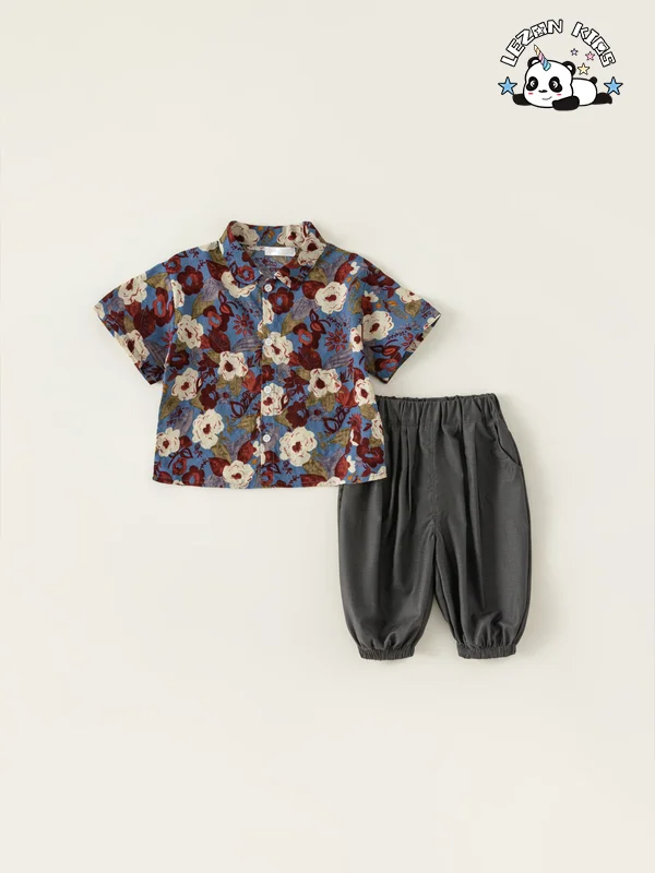 LEZONKIDS - Conjunto de duas peças de camisa floral curta mais popular personalizada, calças largas, terno de verão para crianças